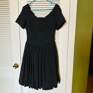 Unique Vintage Black Pin Dot Roman Holiday Scallop Swing Dress